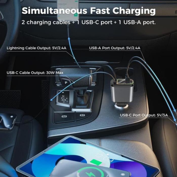 4 In 1 Retractable Car Charger For Multiple Devices